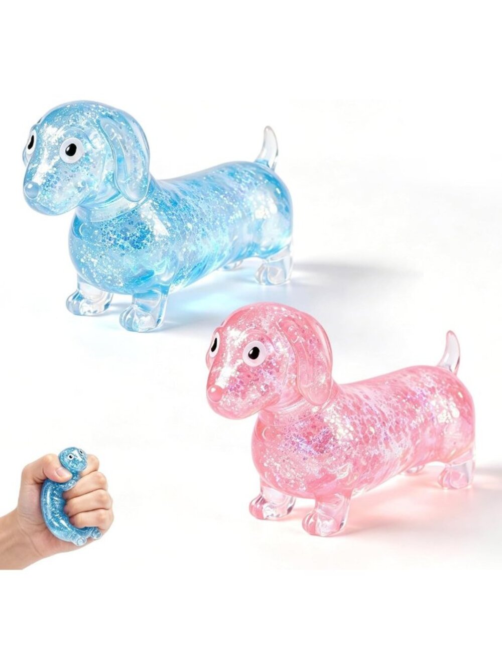 2Pcs Squishy Dachshund Stress Balls - Sparkly Gel Rainbow Weiner Dog Toys